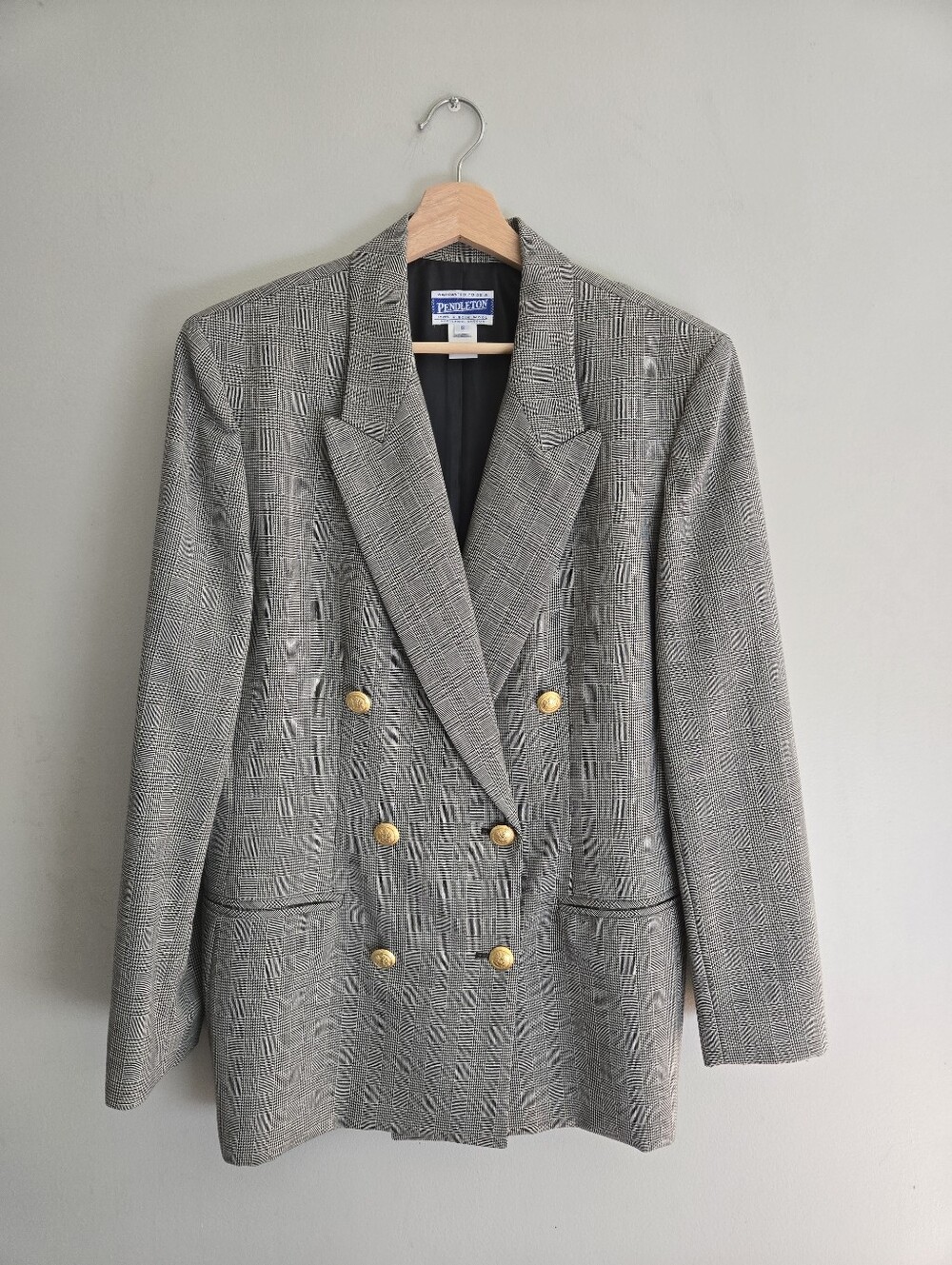Pendleton 100% Lambswool Glen Plaid Double Breasted Gold Button Blazer 12 Smart